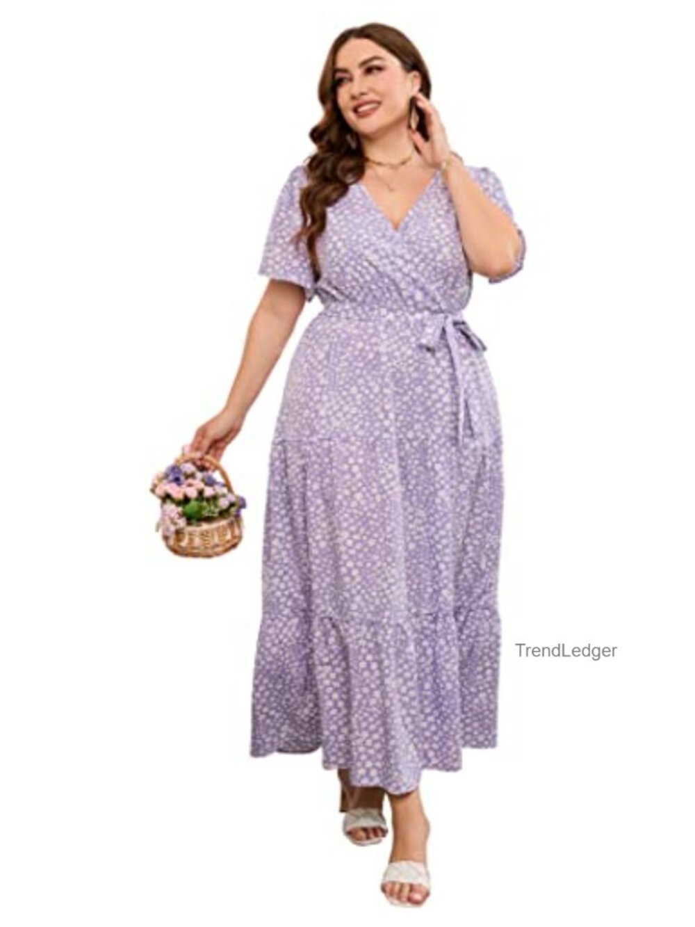 Plus Size V Neck Wrap Maxi Dress High Waist Ruffle Short Sleeve with Belt